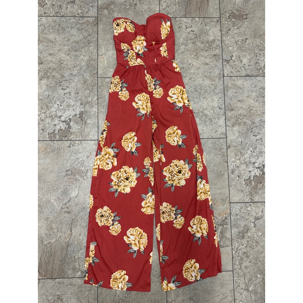 Band of Gypsies Terra Cota Gold Floral Strapless Wide Leg Jumpsuit XS Read